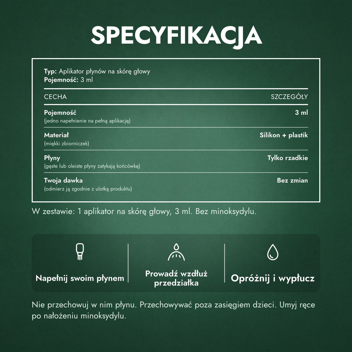 Specyfikacja: Aplikator do płynu z minoksydylem, Podstawowy 3 ml