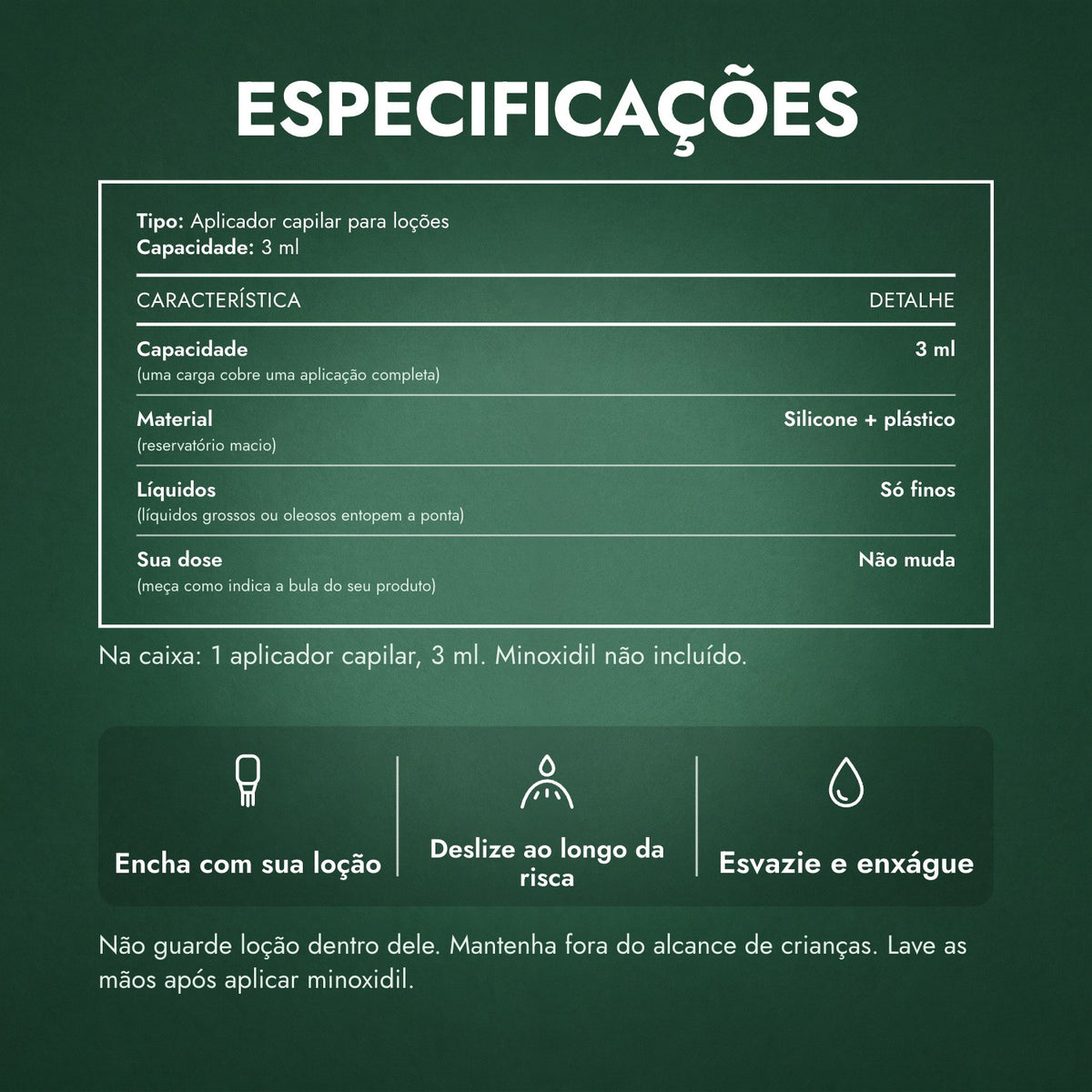 Especificações: Aplicador para loção de minoxidil, Basic 3 ml