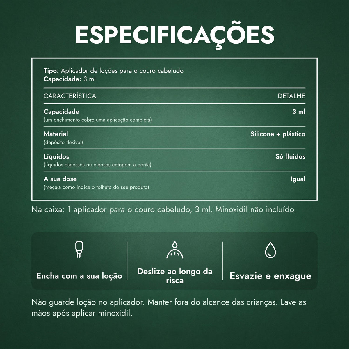Especificações: Aplicador de loção de minoxidil, Básico 3 ml