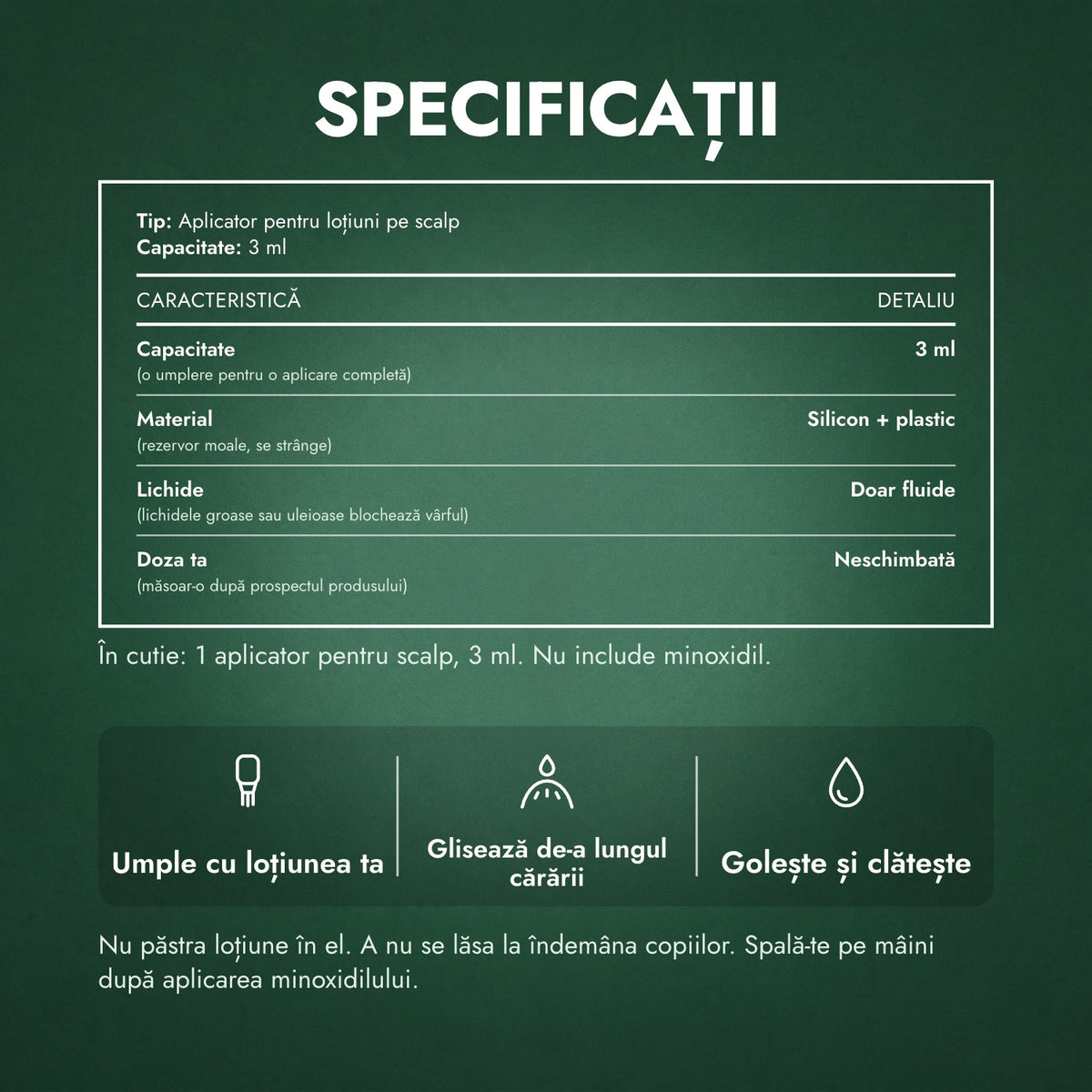 Specificații: Aplicator pentru loțiune cu minoxidil, Basic 3 ml