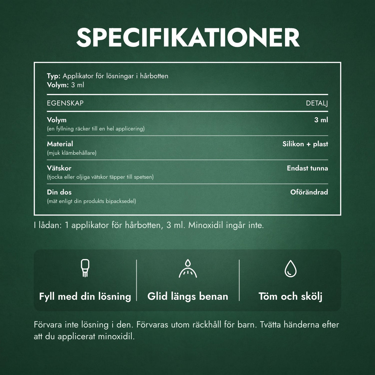 Specifikationer: Applikator för minoxidillösning, Basic 3 ml