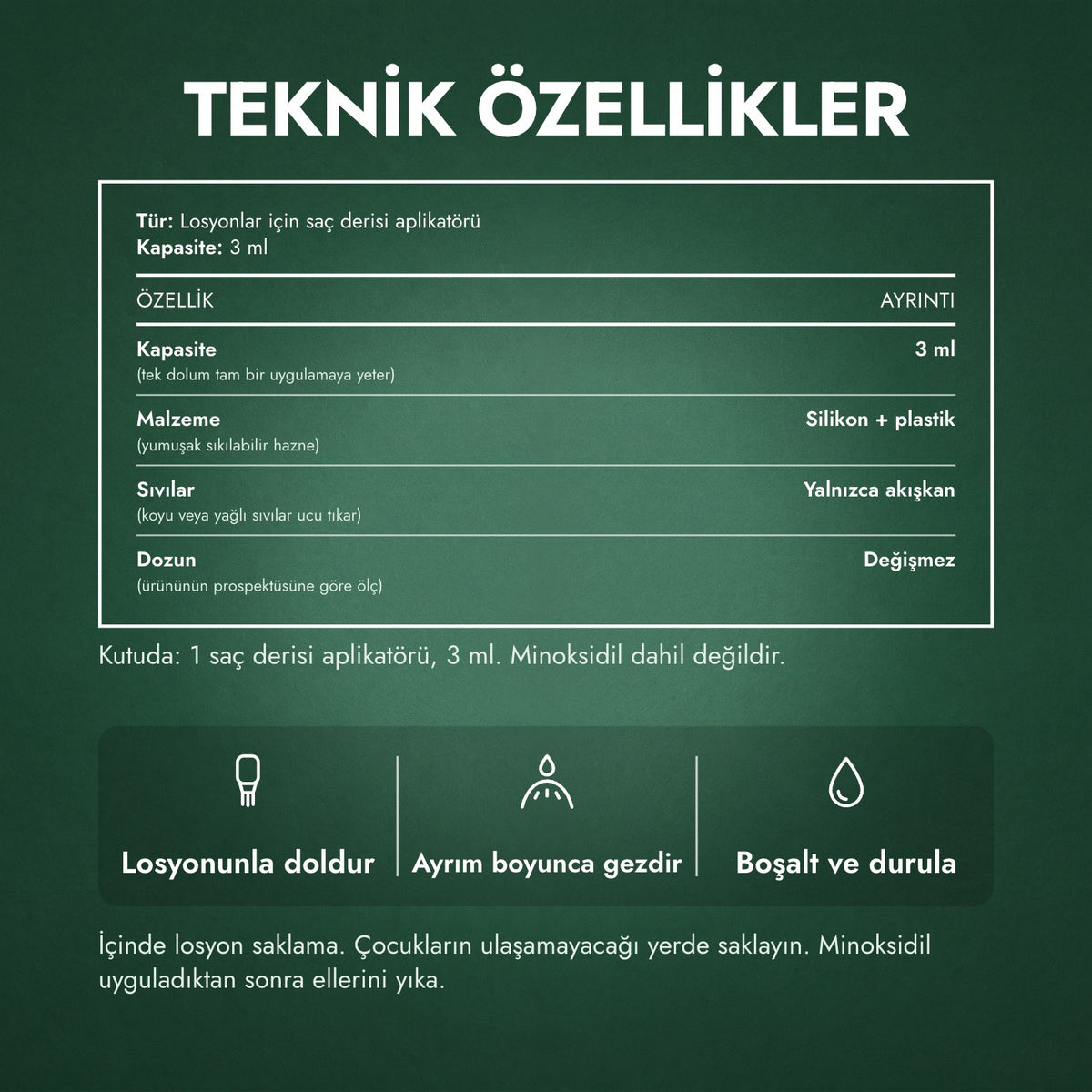 Teknik özellikler: Minoksidil losyonu aplikatörü, Temel 3 ml