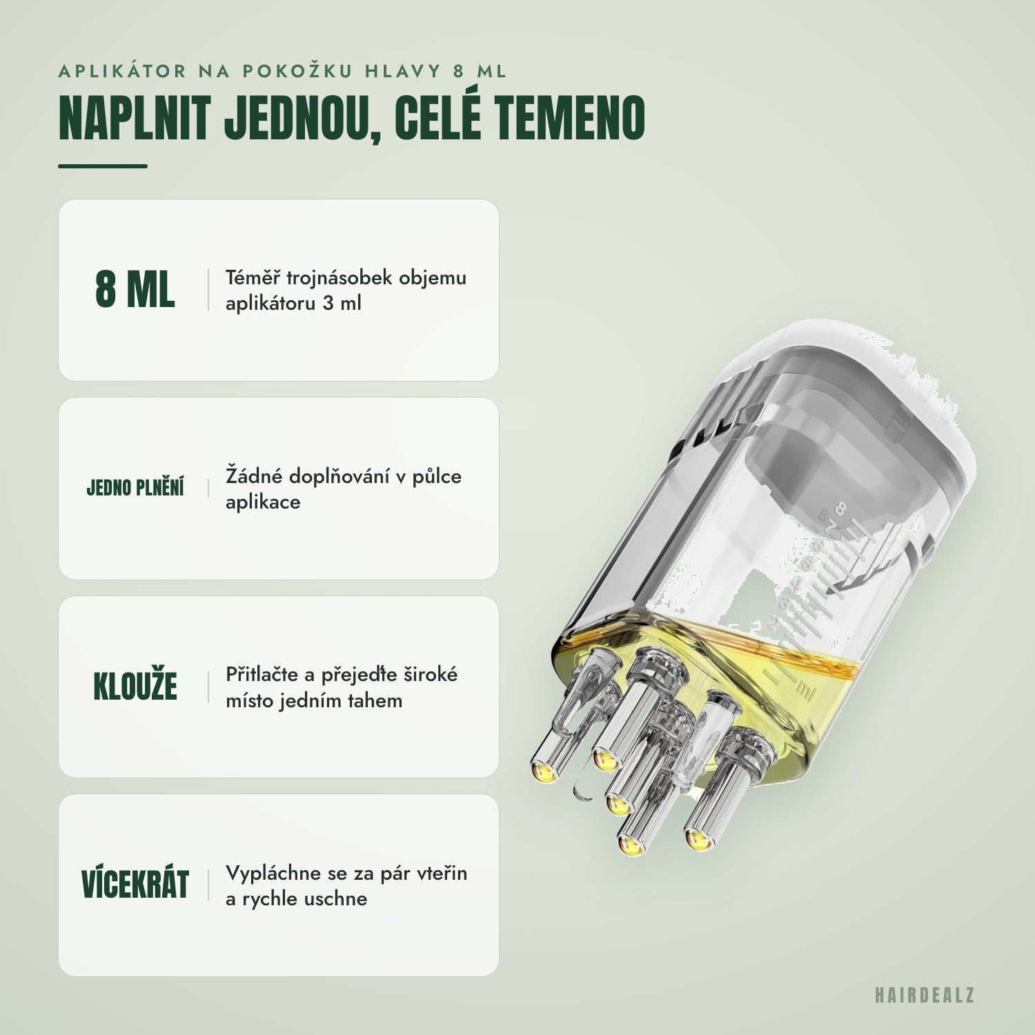 Aplikátor na pokožku hlavy 8 ml — jednou naplnit, pokryje celé temeno