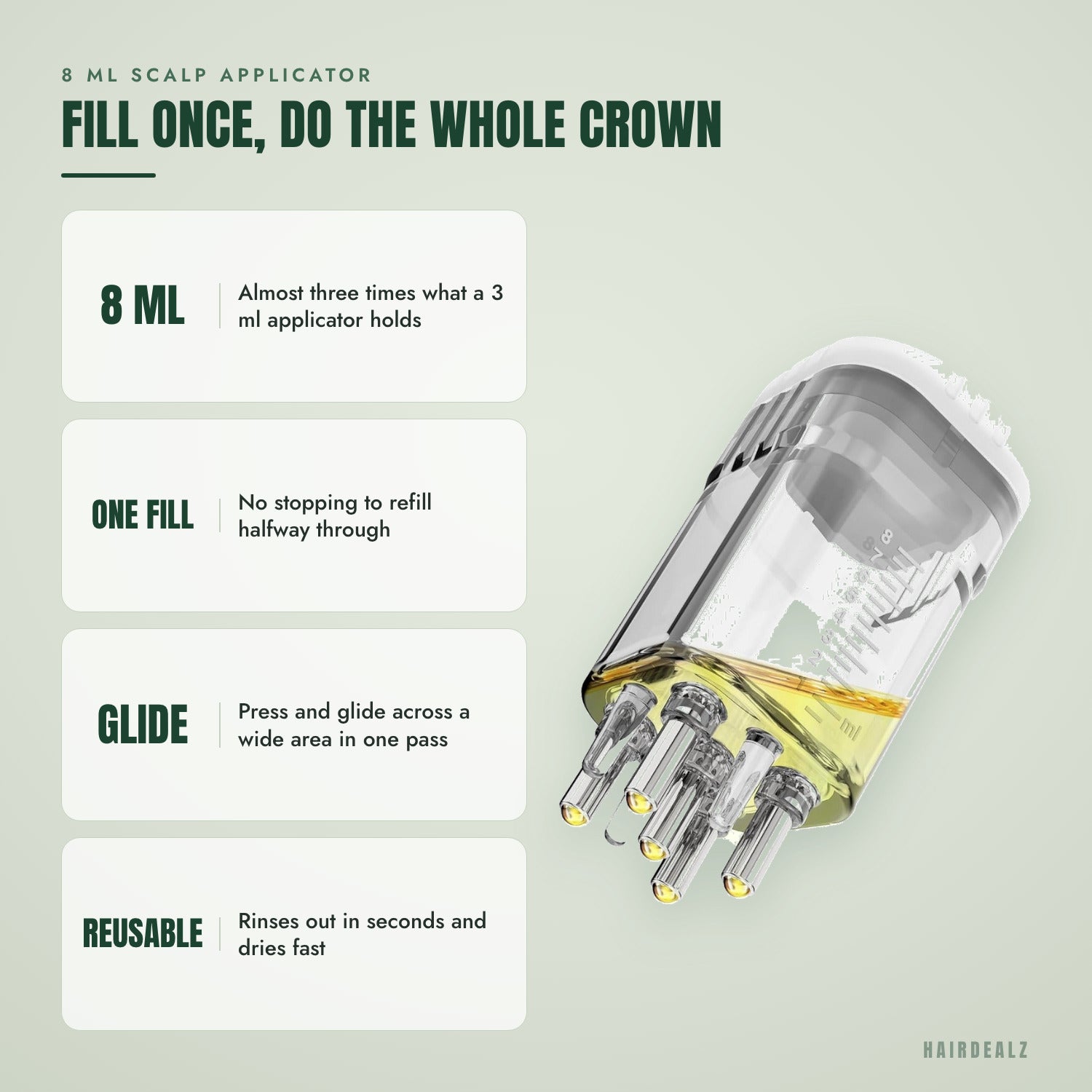 8 ml scalp applicator — Fill once, do the whole crown