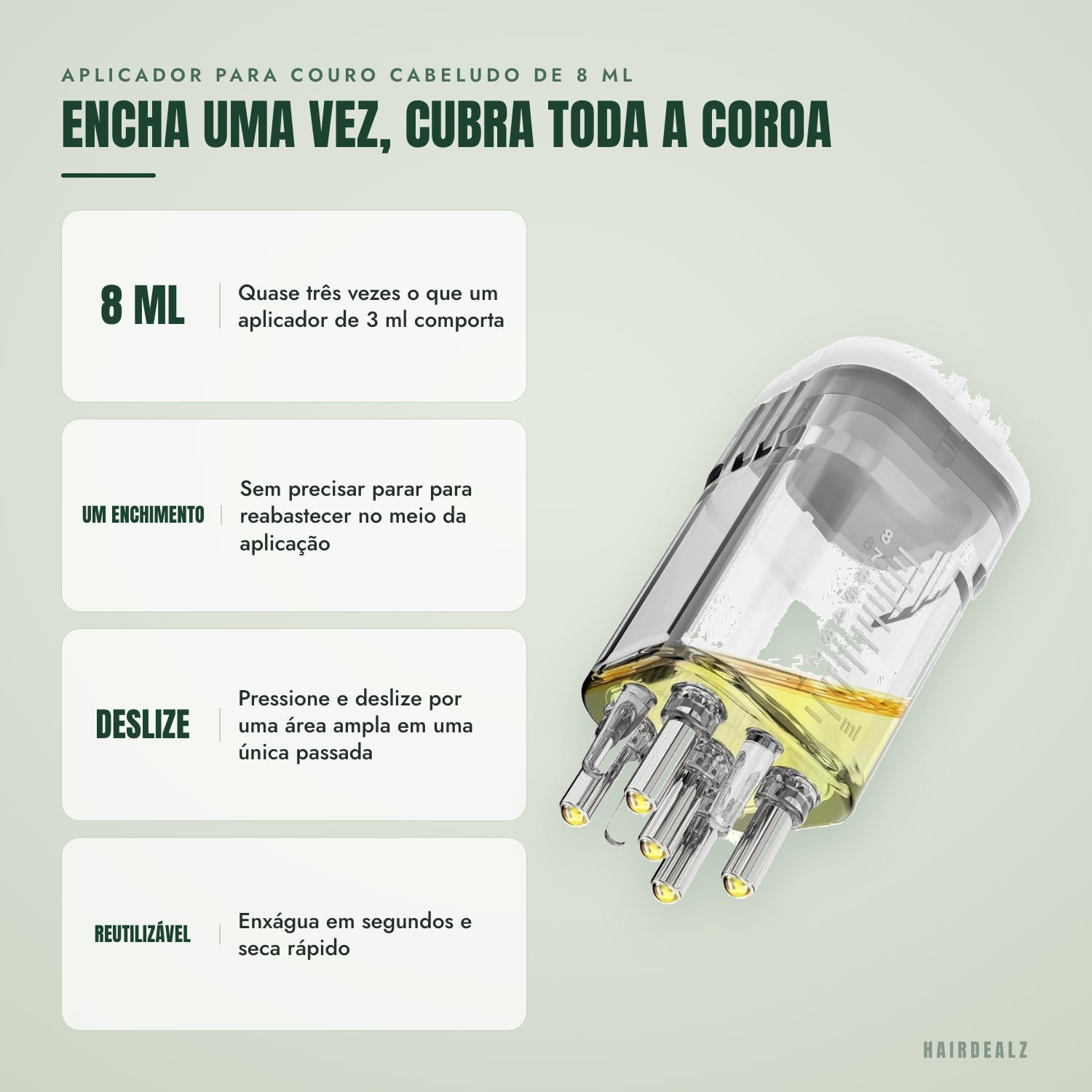 Aplicador de couro cabeludo de 8 ml — encha uma vez e cubra toda a coroa