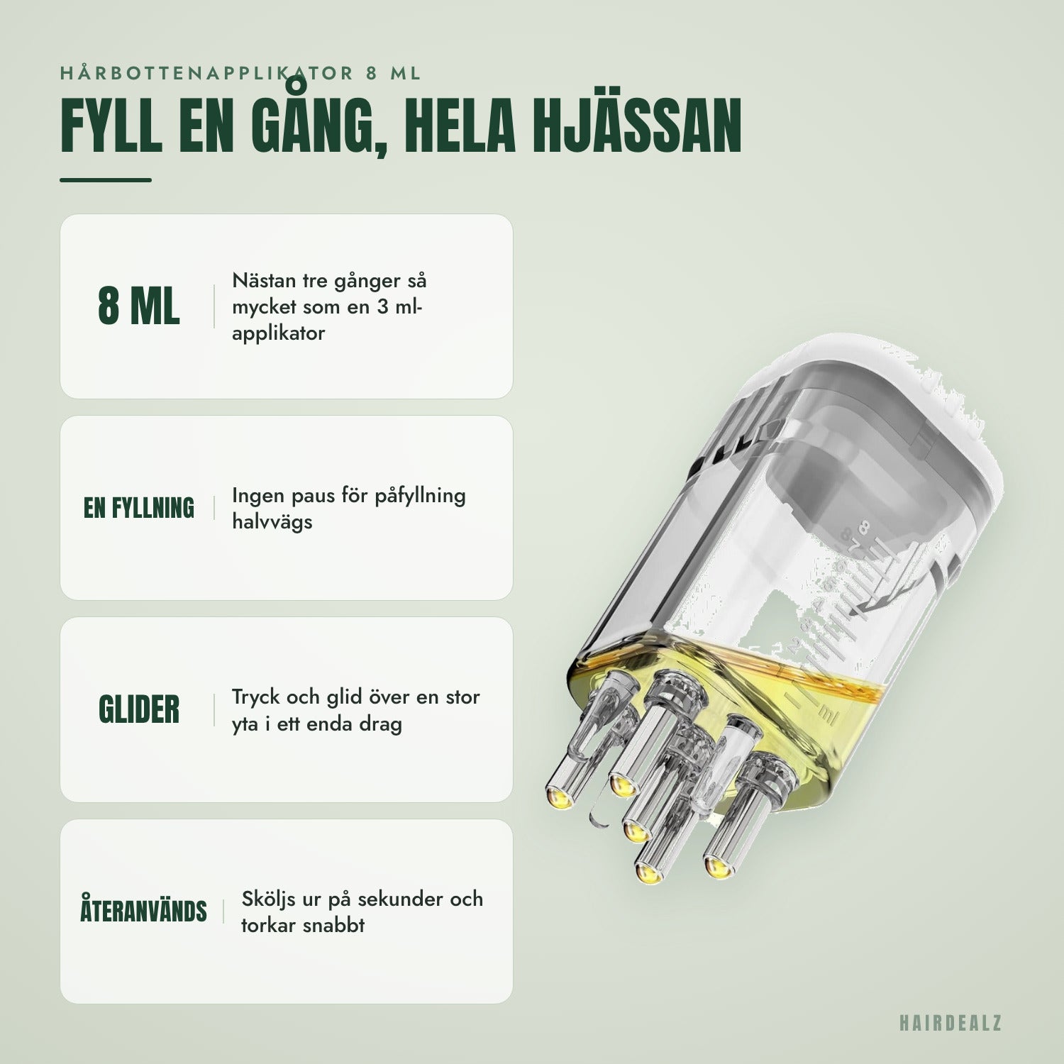 Hårbottenapplikator 8 ml — Fyll en gång, täck hela hjässan