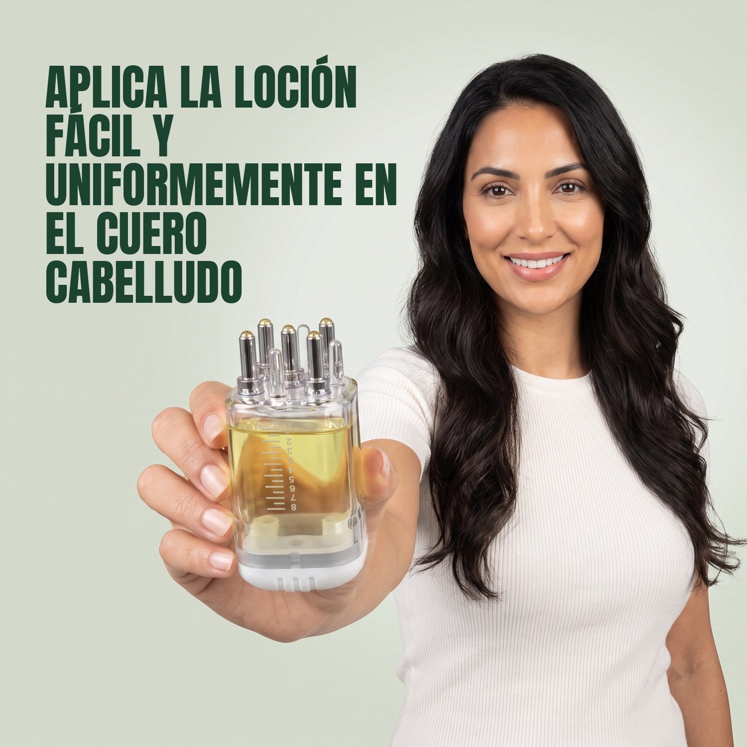 Woman holding a premium minoxidil lotion applicator against a green background
