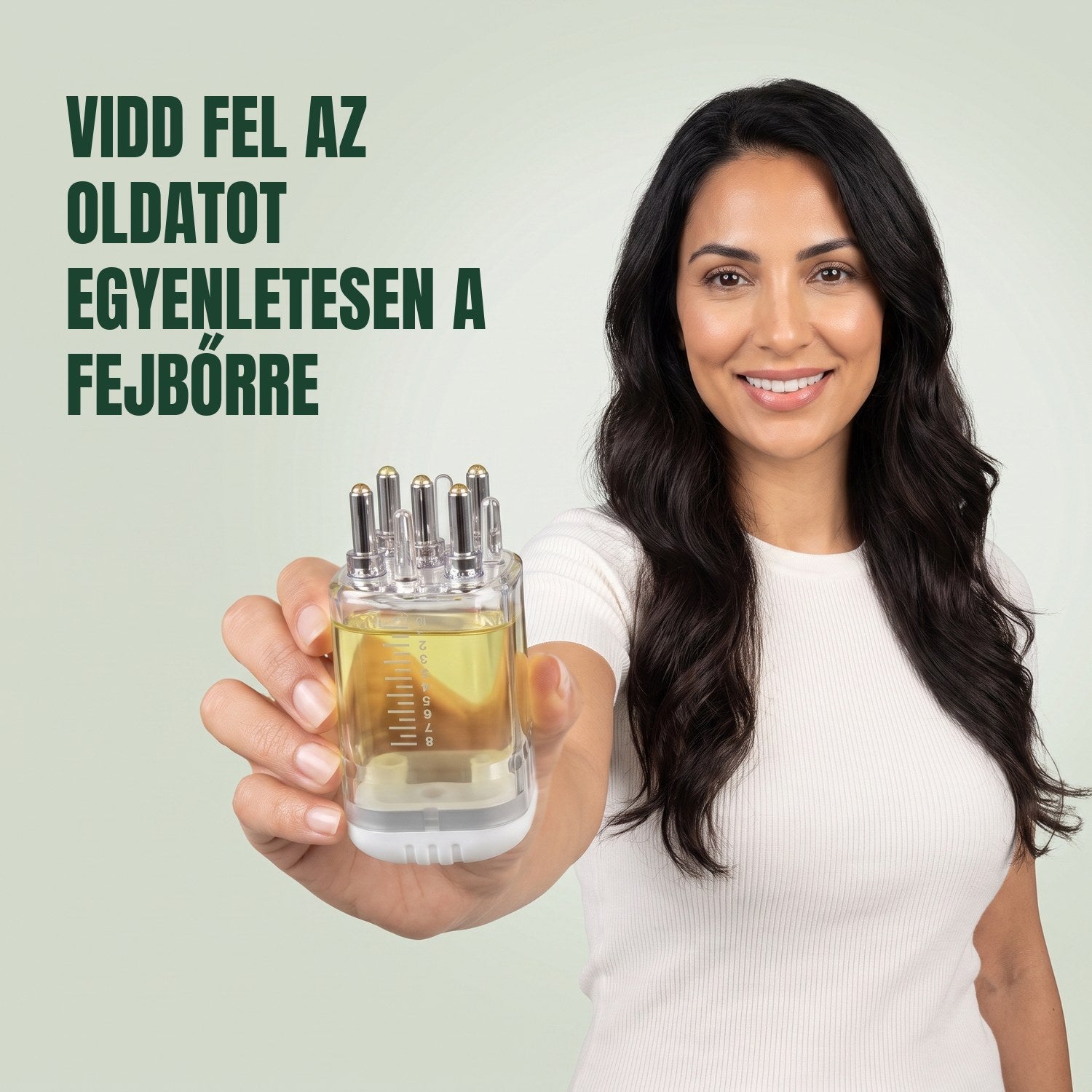 Woman holding a premium minoxidil lotion applicator against a green background