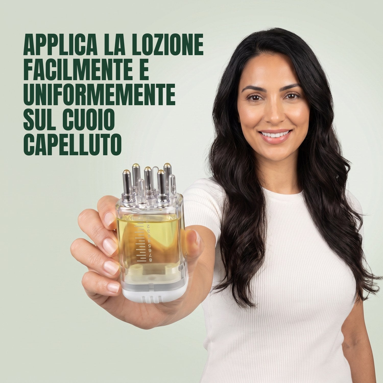 Woman holding a premium minoxidil lotion applicator against a green background