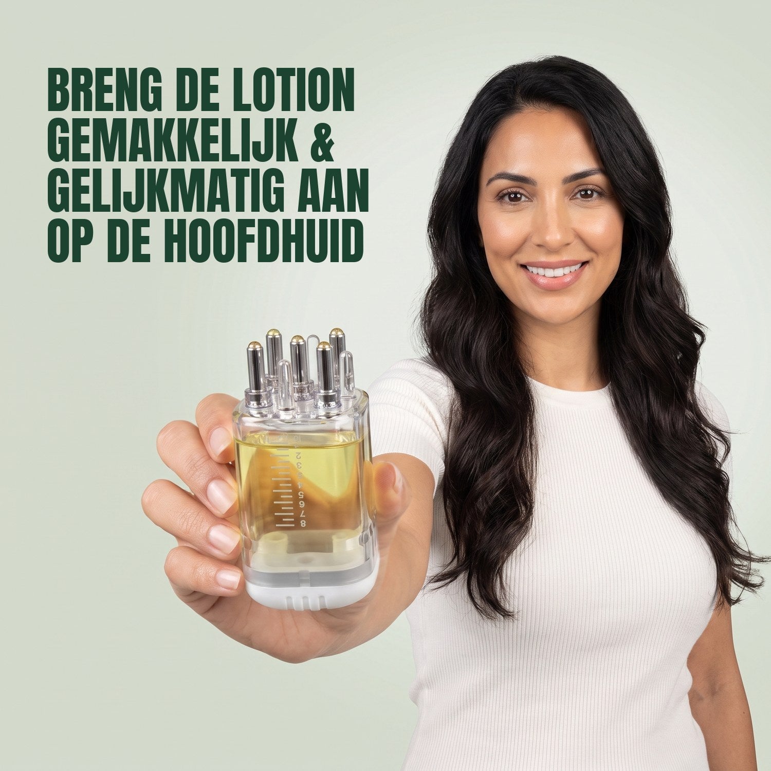 Woman holding a premium minoxidil lotion applicator against a green background