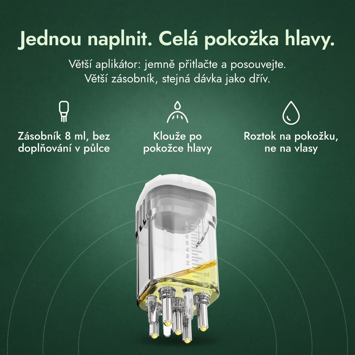 Aplikátor na minoxidilový roztok, Prémiový 8 ml: Jednou naplnit. Celá pokožka hlavy. Zásobník 8 ml, bez doplňování v půlce, Klouže po pokožce hlavy, Roztok na pokožku, ne na vlasy