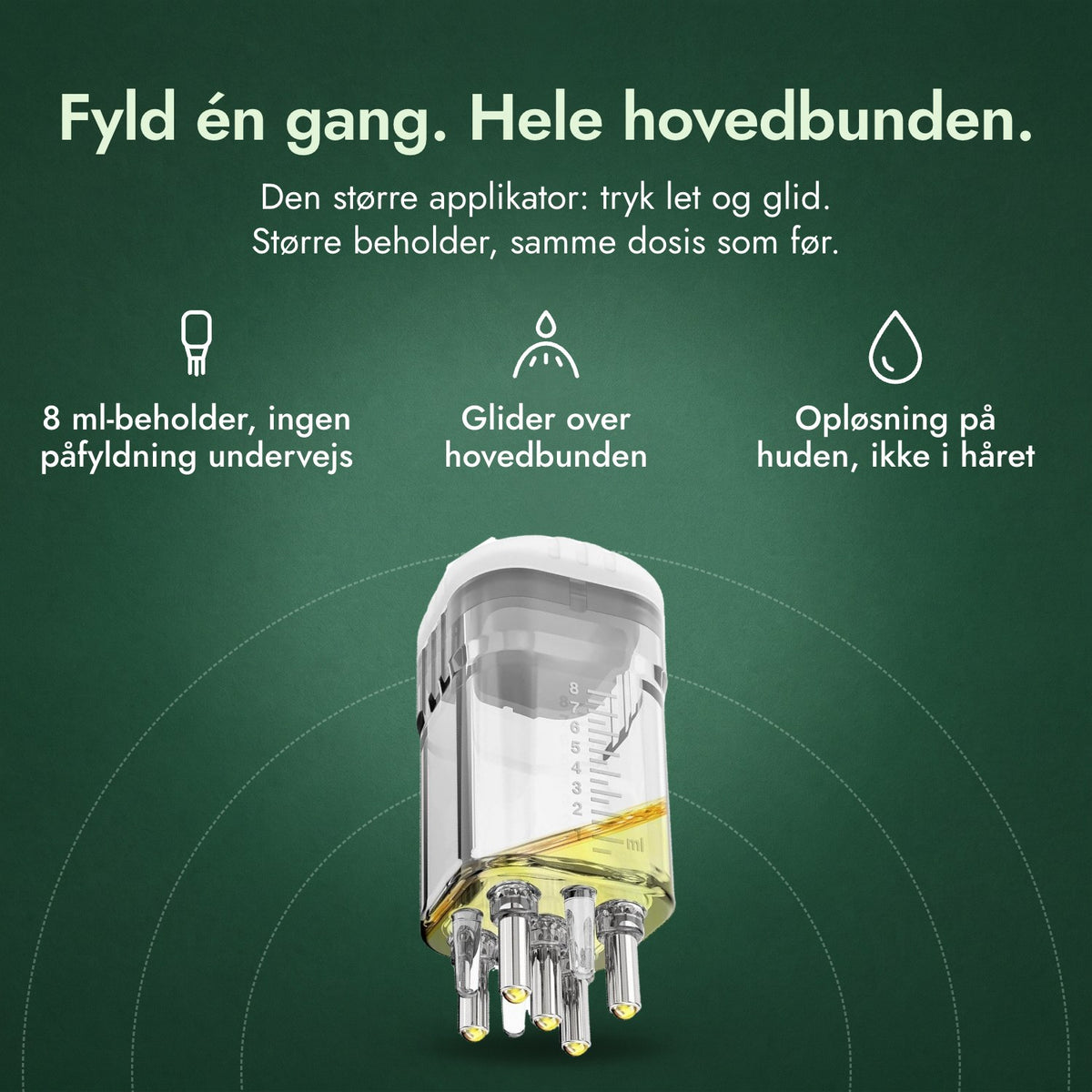 Applikator til minoxidilopløsning, Premium 8 ml: Fyld én gang. Hele hovedbunden. 8 ml-beholder, ingen påfyldning undervejs, Glider over hovedbunden, Opløsning på huden, ikke i håret