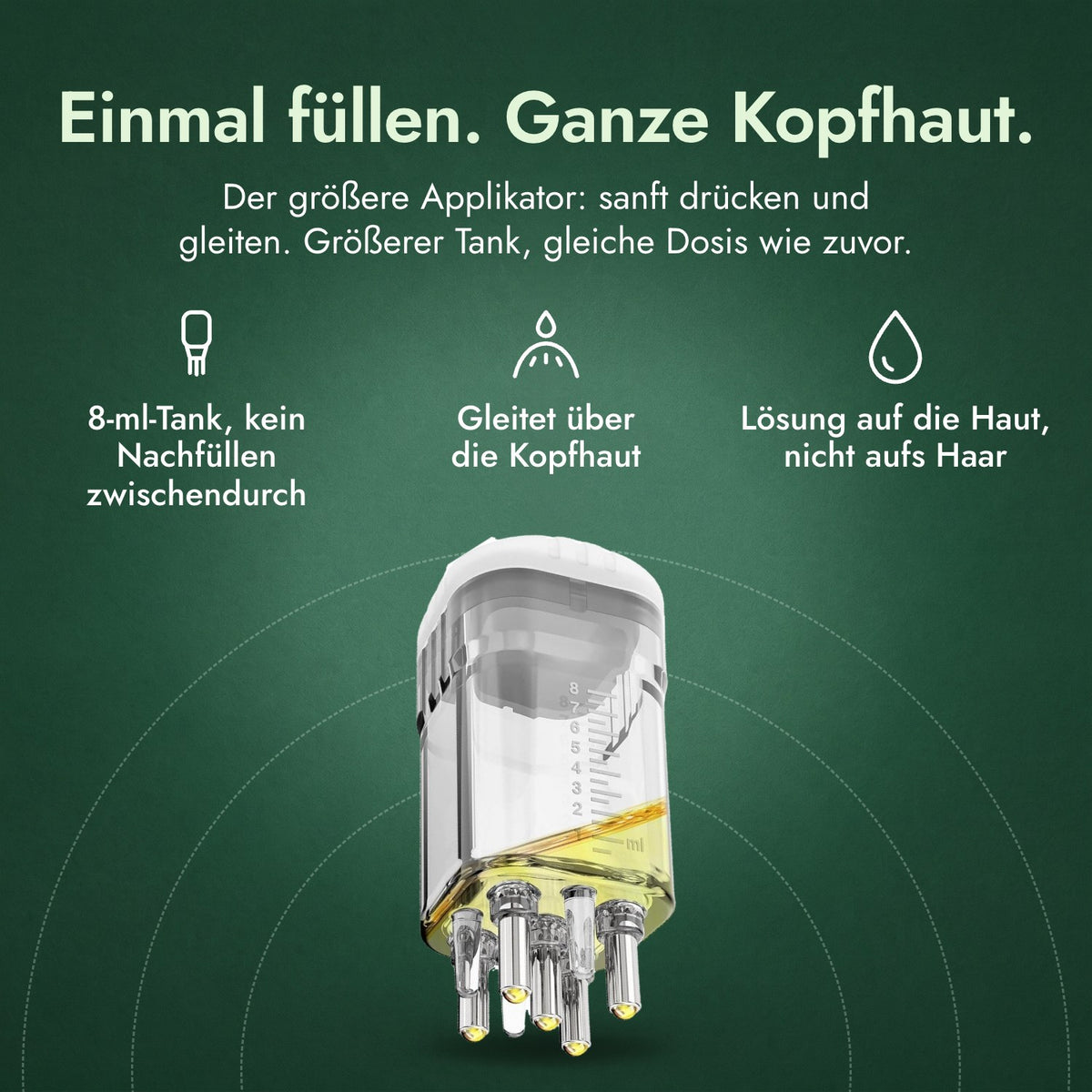 Applikator für Minoxidil-Lösung, Premium 8 ml: Einmal füllen. Ganze Kopfhaut. 8-ml-Tank, kein Nachfüllen zwischendurch, Gleitet über die Kopfhaut, Lösung auf die Haut, nicht aufs Haar