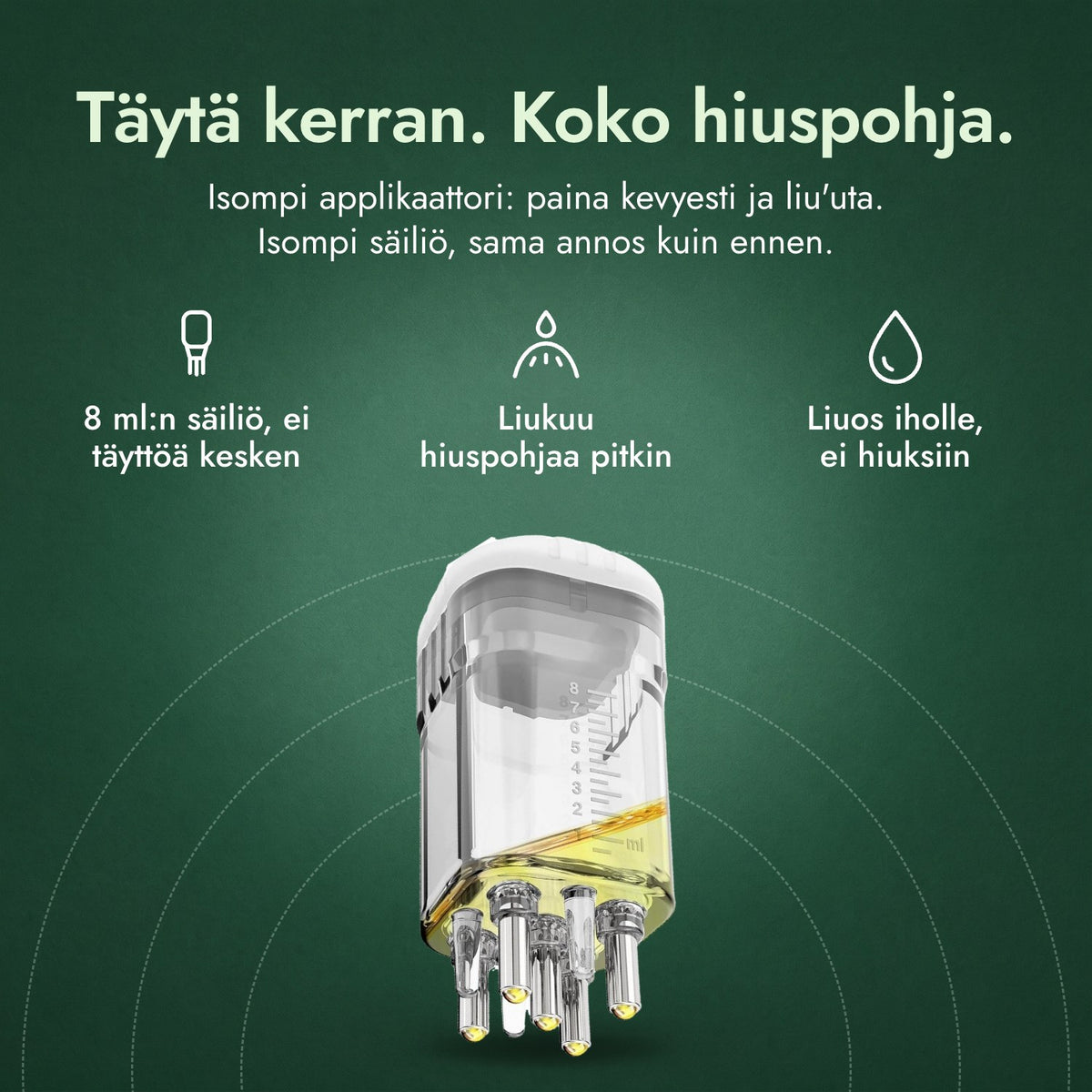 Minoksidiililiuoksen applikaattori, Premium 8 ml: Täytä kerran. Koko hiuspohja. 8 ml:n säiliö, ei täyttöä kesken, Liukuu hiuspohjaa pitkin, Liuos iholle, ei hiuksiin