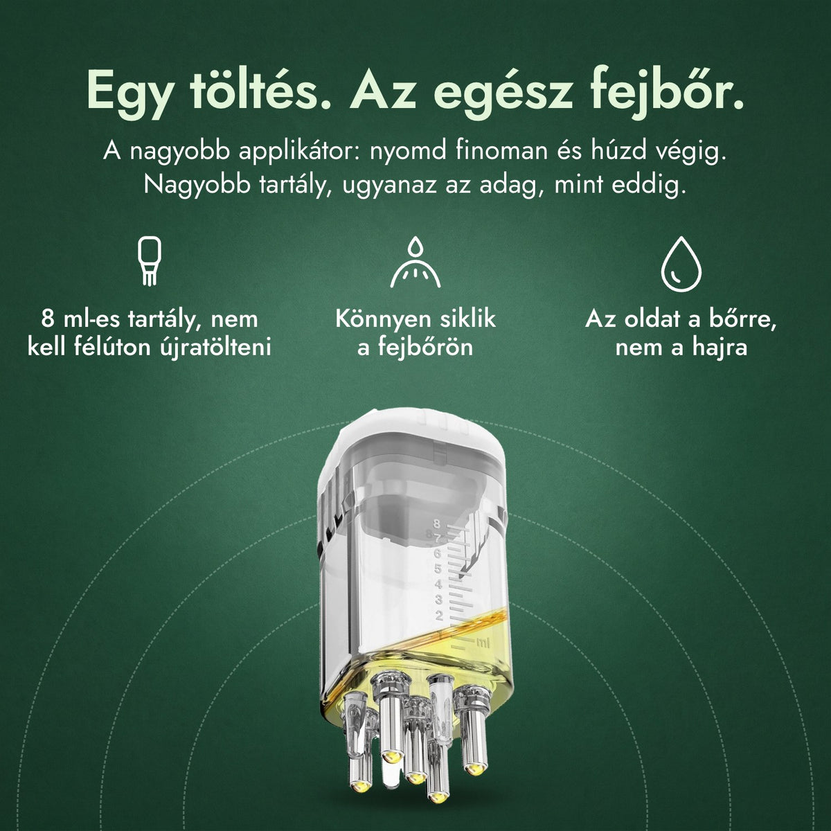 Applikátor minoxidil oldathoz, Prémium 8 ml: Egy töltés. Az egész fejbőr. 8 ml-es tartály, nem kell félúton újratölteni, Könnyen siklik a fejbőrön, Az oldat a bőrre, nem a hajra