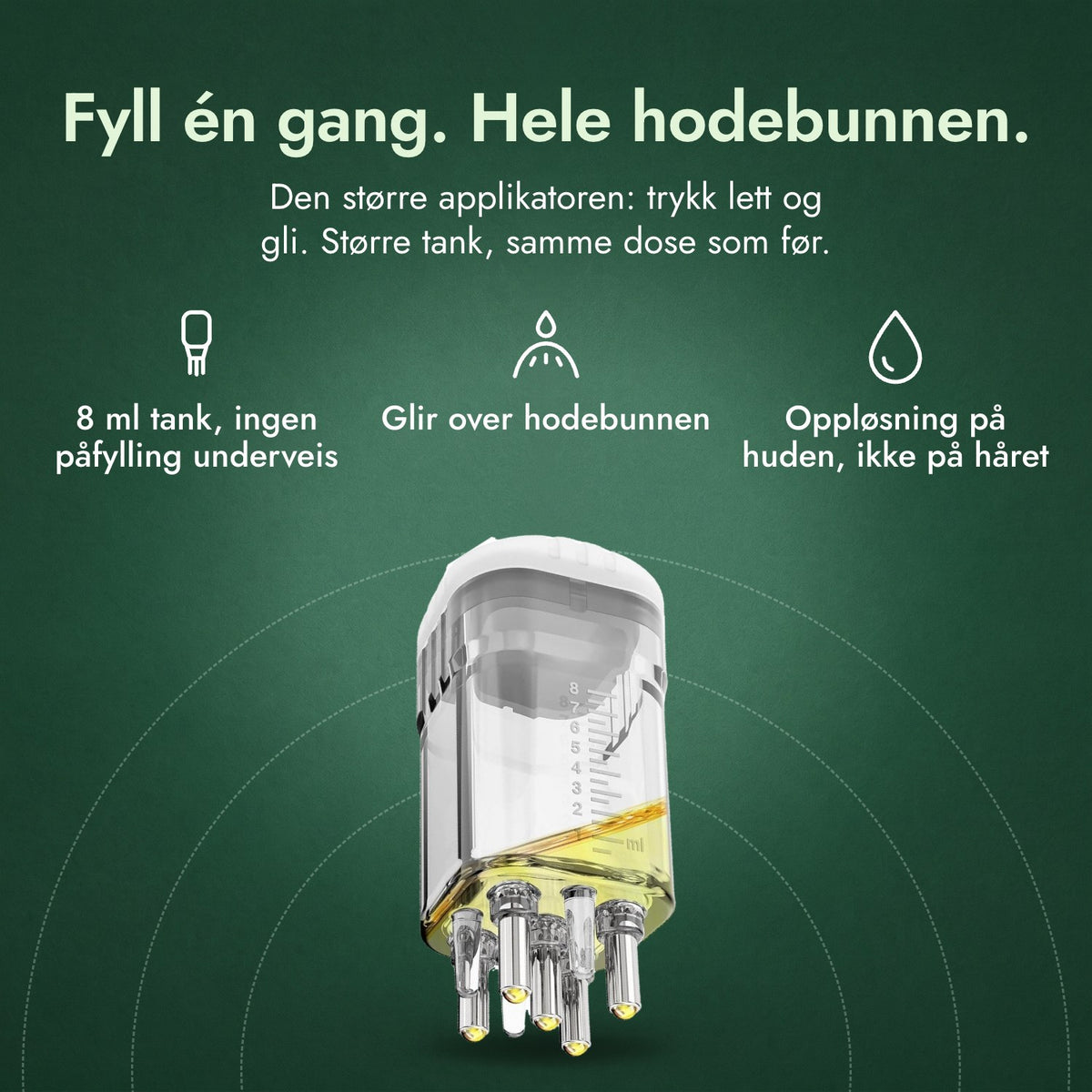 Applikator for minoksidiloppløsning, Premium 8 ml: Fyll én gang. Hele hodebunnen. 8 ml tank, ingen påfylling underveis, Glir over hodebunnen, Oppløsning på huden, ikke på håret