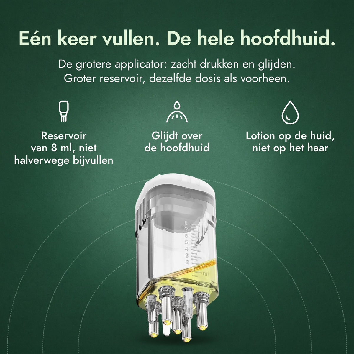 Applicator voor minoxidil-lotion, Premium 8 ml: Eén keer vullen. De hele hoofdhuid. Reservoir van 8 ml, niet halverwege bijvullen, Glijdt over de hoofdhuid, Lotion op de huid, niet op het haar