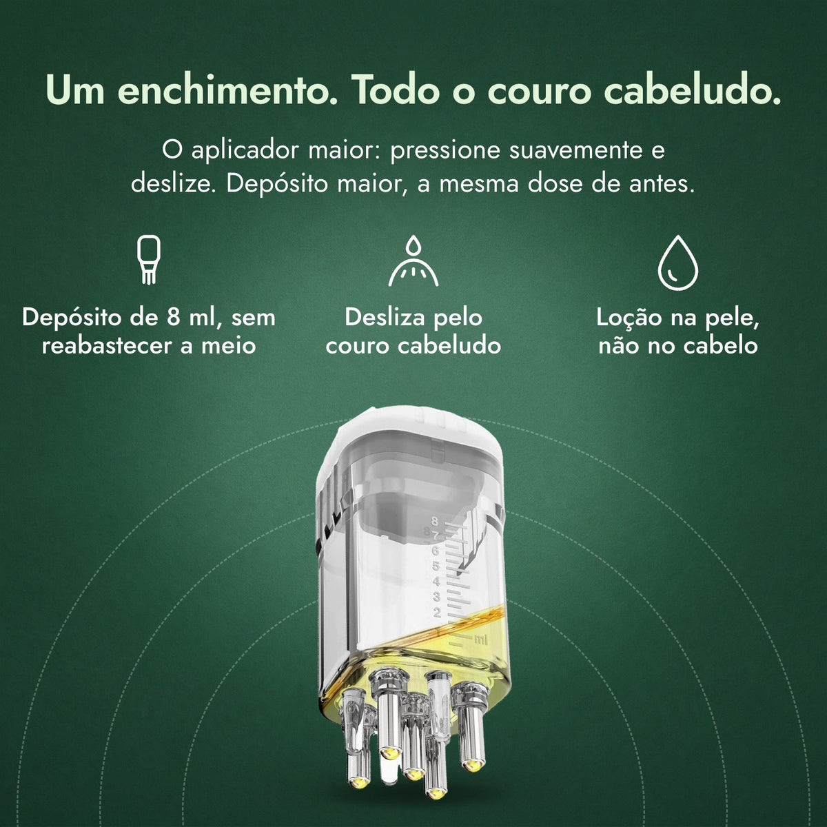 Aplicador de loção de minoxidil, Premium 8 ml: Um enchimento. Todo o couro cabeludo. Depósito de 8 ml, sem reabastecer a meio, Desliza pelo couro cabeludo, Loção na pele, não no cabelo