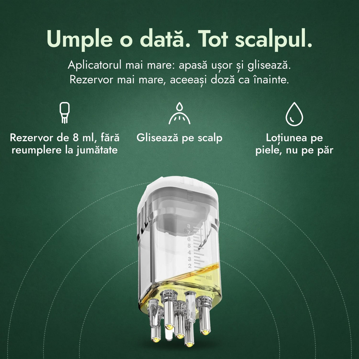 Aplicator pentru loțiune cu minoxidil, Premium 8 ml: Umple o dată. Tot scalpul. Rezervor de 8 ml, fără reumplere la jumătate, Glisează pe scalp, Loțiunea pe piele, nu pe păr