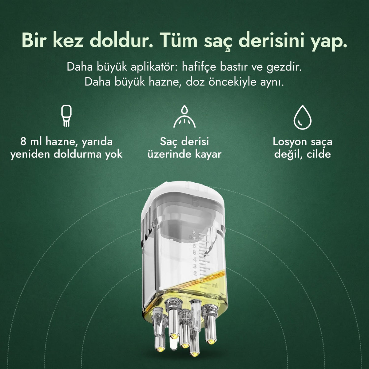 Minoksidil losyonu aplikatörü, Premium 8 ml: Bir kez doldur. Tüm saç derisini yap. 8 ml hazne, yarıda yeniden doldurma yok, Saç derisi üzerinde kayar, Losyon saça değil, cilde