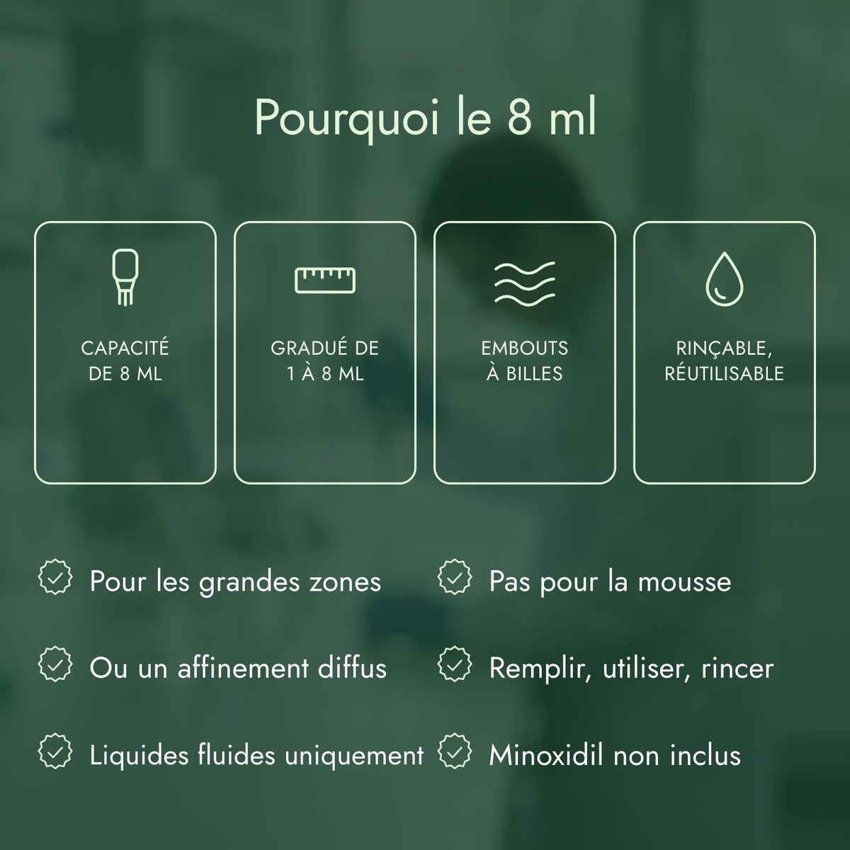 Pourquoi le 8 ml: Capacité de 8 ml, Gradué de 1 à 8 ml, Embouts à billes, Rinçable, réutilisable