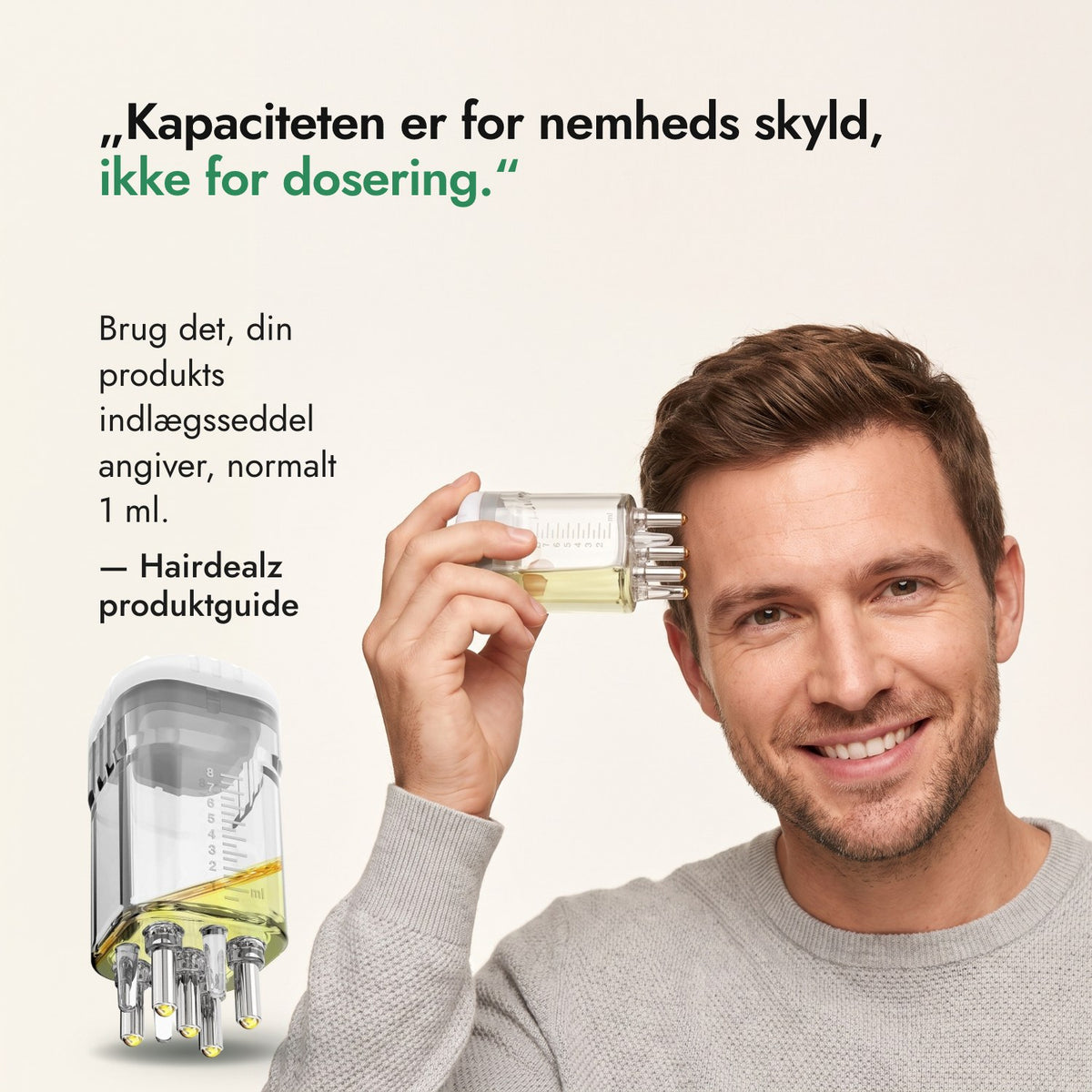 Kapaciteten er for nemheds skyld, ikke for dosering. — Hairdealz produktguide