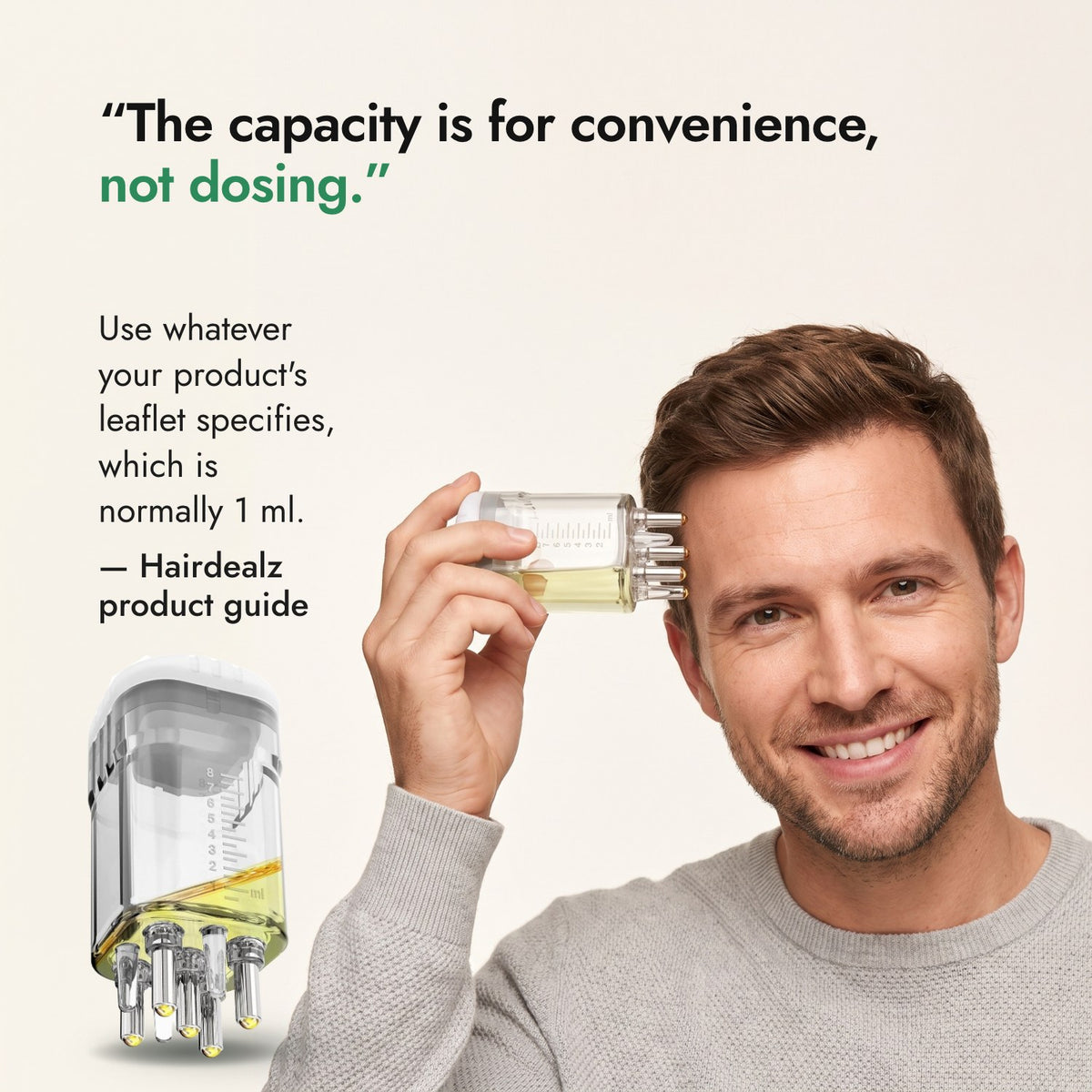 The capacity is for convenience, not dosing. — Hairdealz product guide