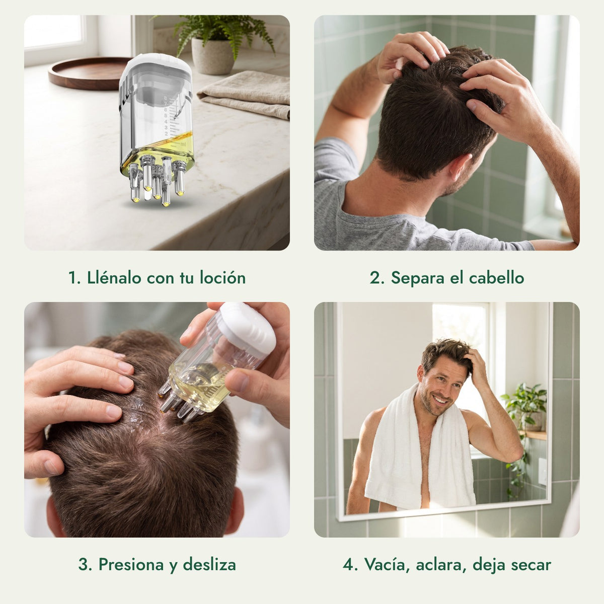 Aplicador para loción de minoxidil, Premium 8 ml: Llénalo con tu loción, Separa el cabello, Presiona y desliza, Vacía, aclara, deja secar