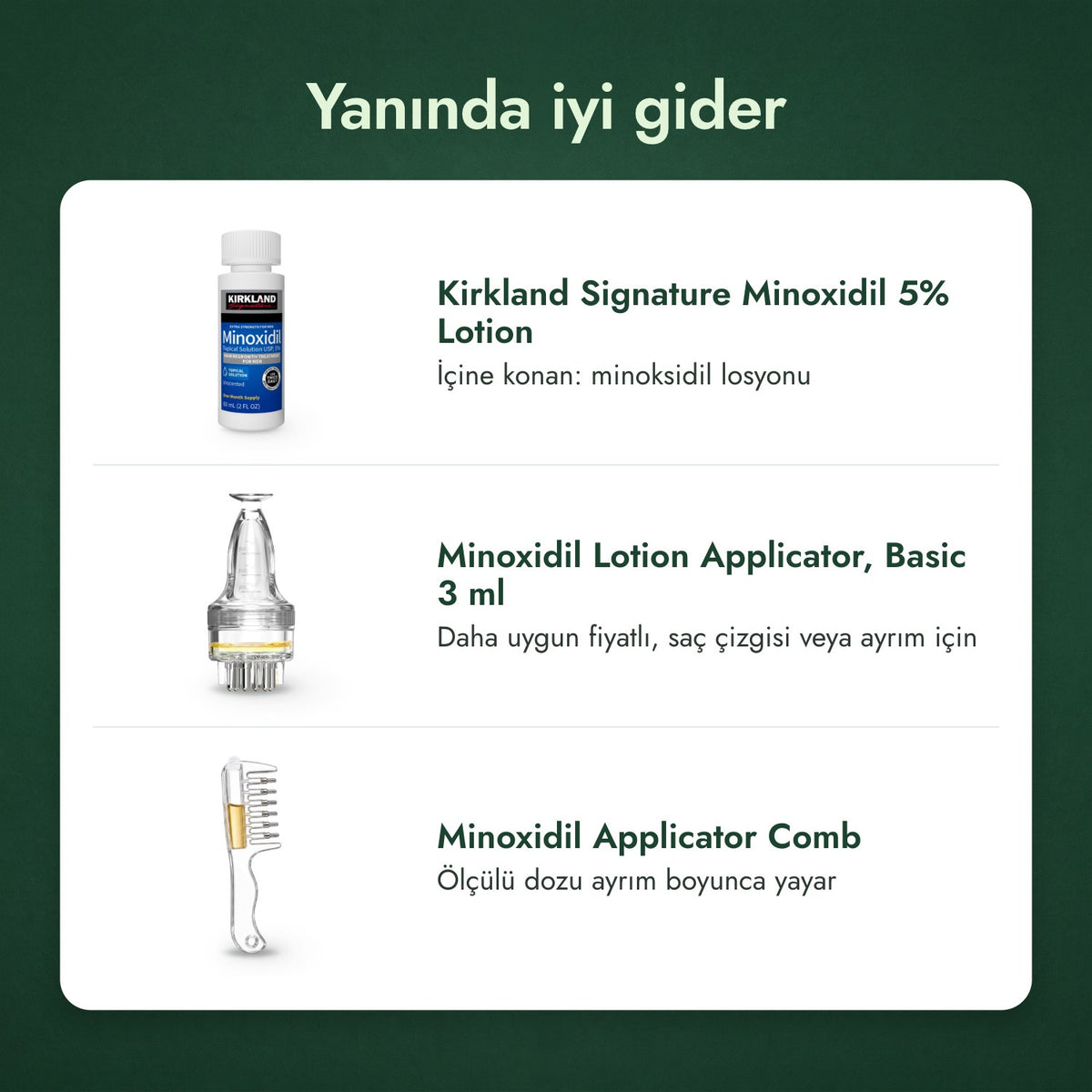 Yanında iyi gider: Kirkland Signature Minoxidil 5%, Minoksidil losyonu aplikatörü, Temel 3 ml, Minoksidil aplikatör tarağı