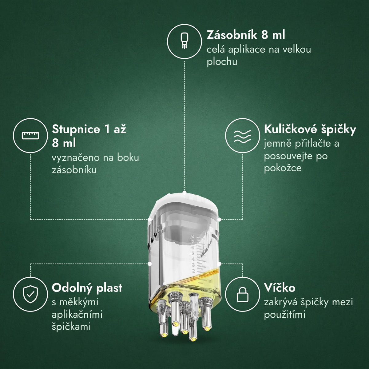 Aplikátor na minoxidilový roztok, Prémiový 8 ml: Zásobník 8 ml, Stupnice 1 až 8 ml, Kuličkové špičky, Odolný plast, Víčko
