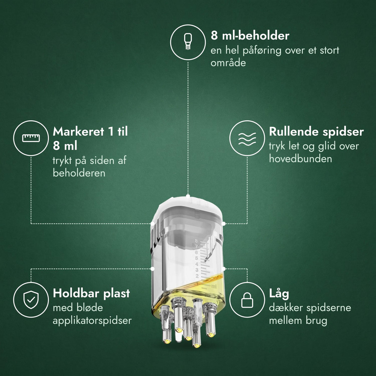 Applikator til minoxidilopløsning, Premium 8 ml: 8 ml-beholder, Markeret 1 til 8 ml, Rullende spidser, Holdbar plast, Låg