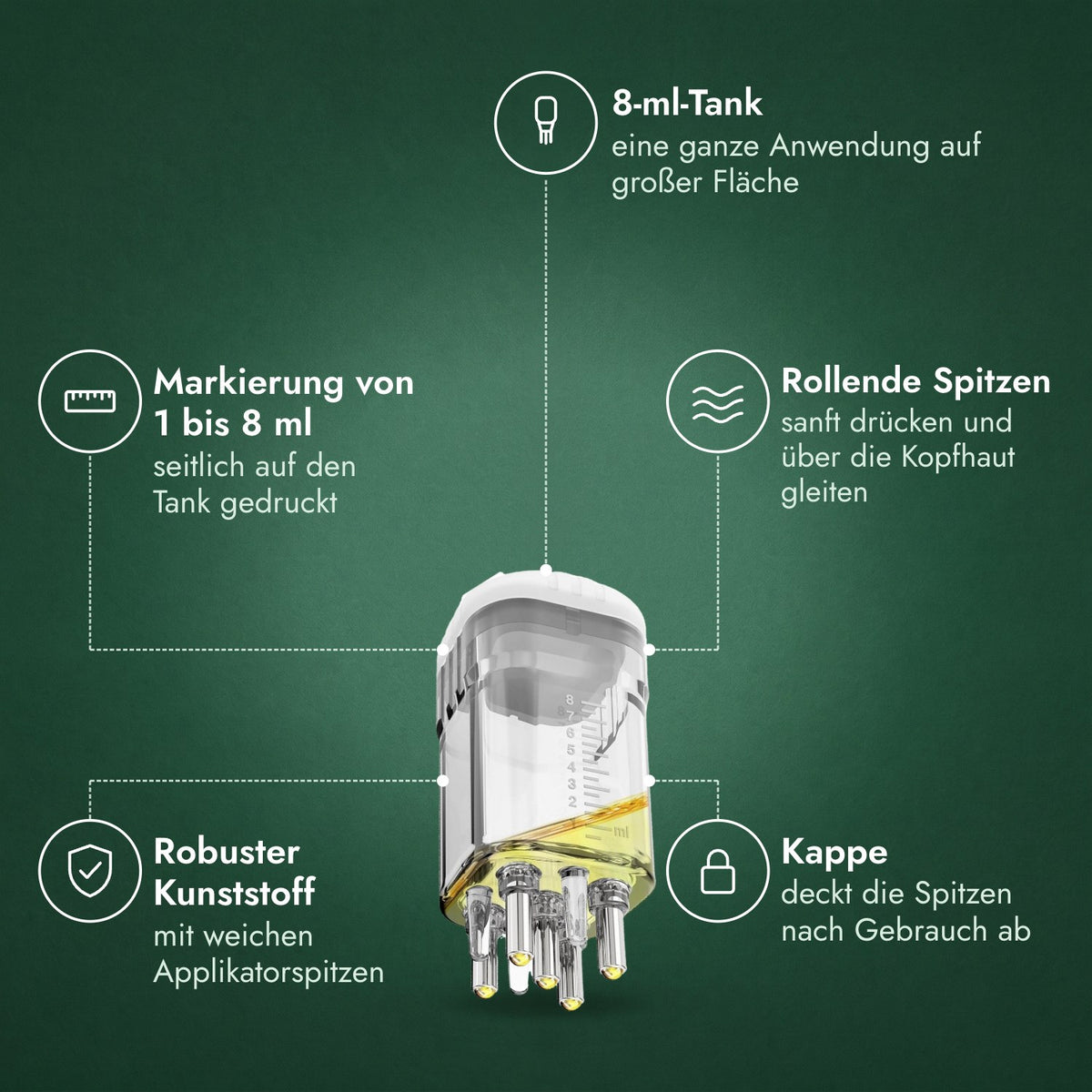 Applikator für Minoxidil-Lösung, Premium 8 ml: 8-ml-Tank, Markierung von 1 bis 8 ml, Rollende Spitzen, Robuster Kunststoff, Kappe