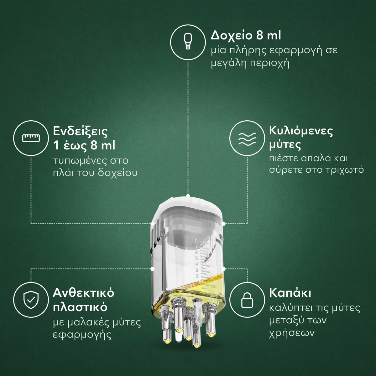 Εφαρμογέας διαλύματος μινοξιδίλης, Premium 8 ml: Δοχείο 8 ml, Ενδείξεις 1 έως 8 ml, Κυλιόμενες μύτες, Ανθεκτικό πλαστικό, Καπάκι