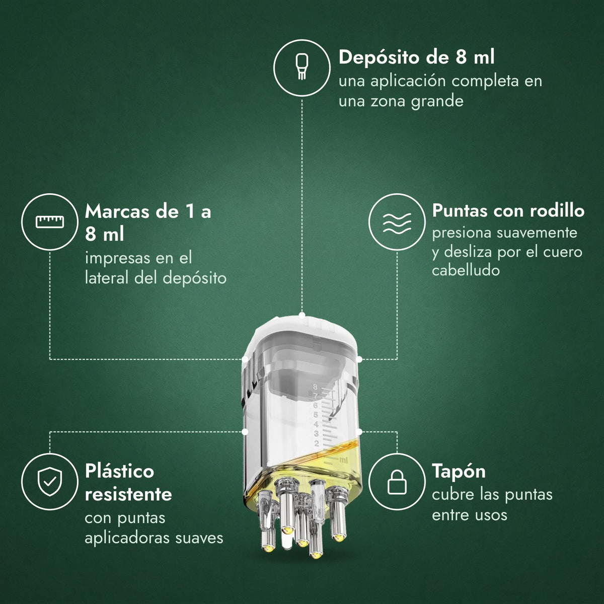 Aplicador para loción de minoxidil, Premium 8 ml: Depósito de 8 ml, Marcas de 1 a 8 ml, Puntas con rodillo, Plástico resistente, Tapón