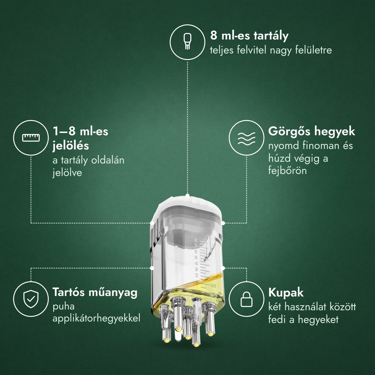 Applikátor minoxidil oldathoz, Prémium 8 ml: 8 ml-es tartály, 1–8 ml-es jelölés, Görgős hegyek, Tartós műanyag, Kupak