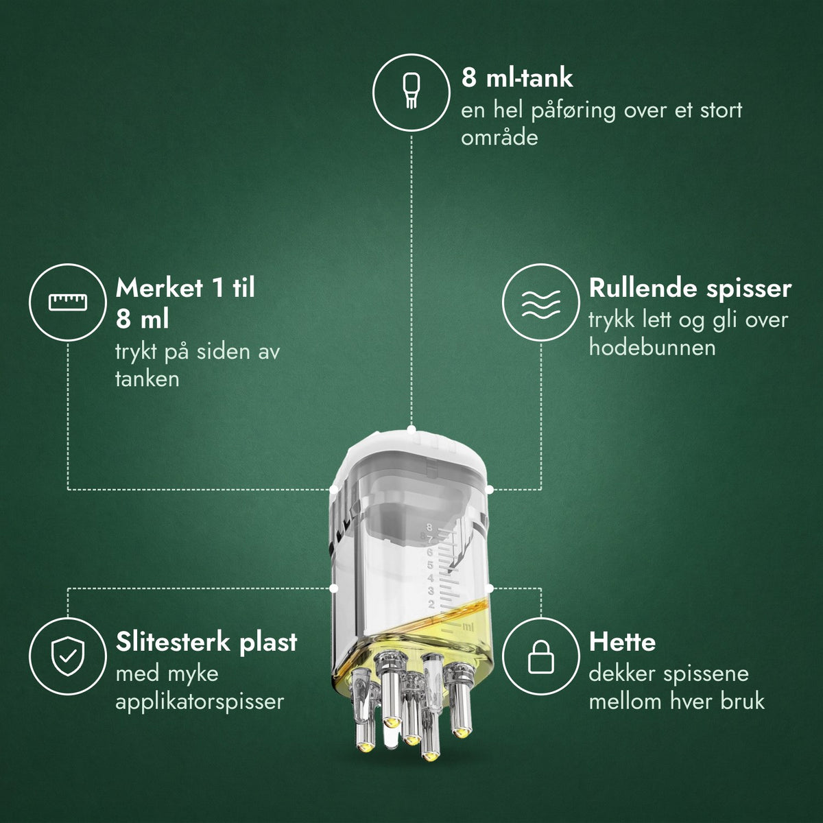 Applikator for minoksidiloppløsning, Premium 8 ml: 8 ml-tank, Merket 1 til 8 ml, Rullende spisser, Slitesterk plast, Hette