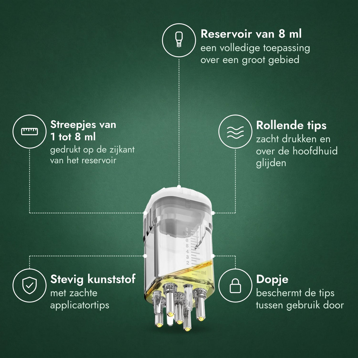 Applicator voor minoxidil-lotion, Premium 8 ml: Reservoir van 8 ml, Streepjes van 1 tot 8 ml, Rollende tips, Stevig kunststof, Dopje