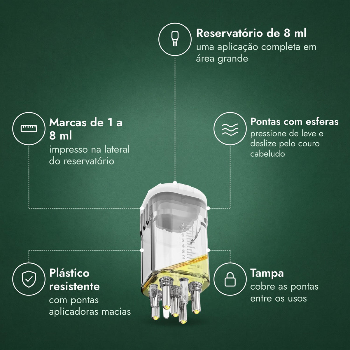 Aplicador para loção de minoxidil, Premium 8 ml: Reservatório de 8 ml, Marcas de 1 a 8 ml, Pontas com esferas, Plástico resistente, Tampa