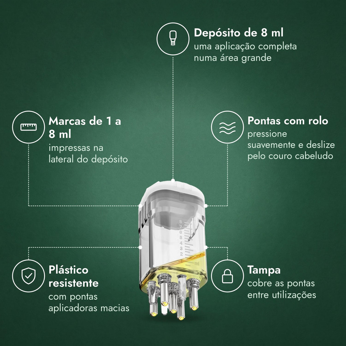 Aplicador de loção de minoxidil, Premium 8 ml: Depósito de 8 ml, Marcas de 1 a 8 ml, Pontas com rolo, Plástico resistente, Tampa