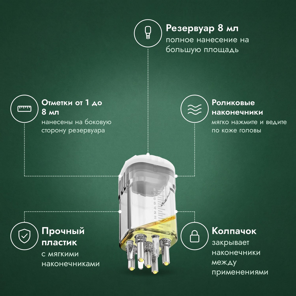 Аппликатор для раствора миноксидила, Премиум 8 мл: Резервуар 8 мл, Отметки от 1 до 8 мл, Роликовые наконечники, Прочный пластик, Колпачок