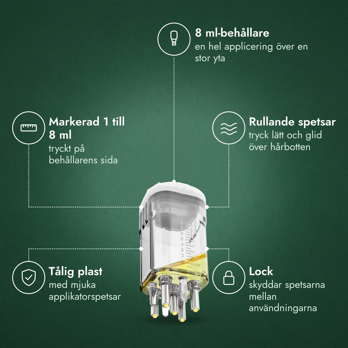Applikator för minoxidillösning, Premium 8 ml: 8 ml-behållare, Markerad 1 till 8 ml, Rullande spetsar, Tålig plast, Lock