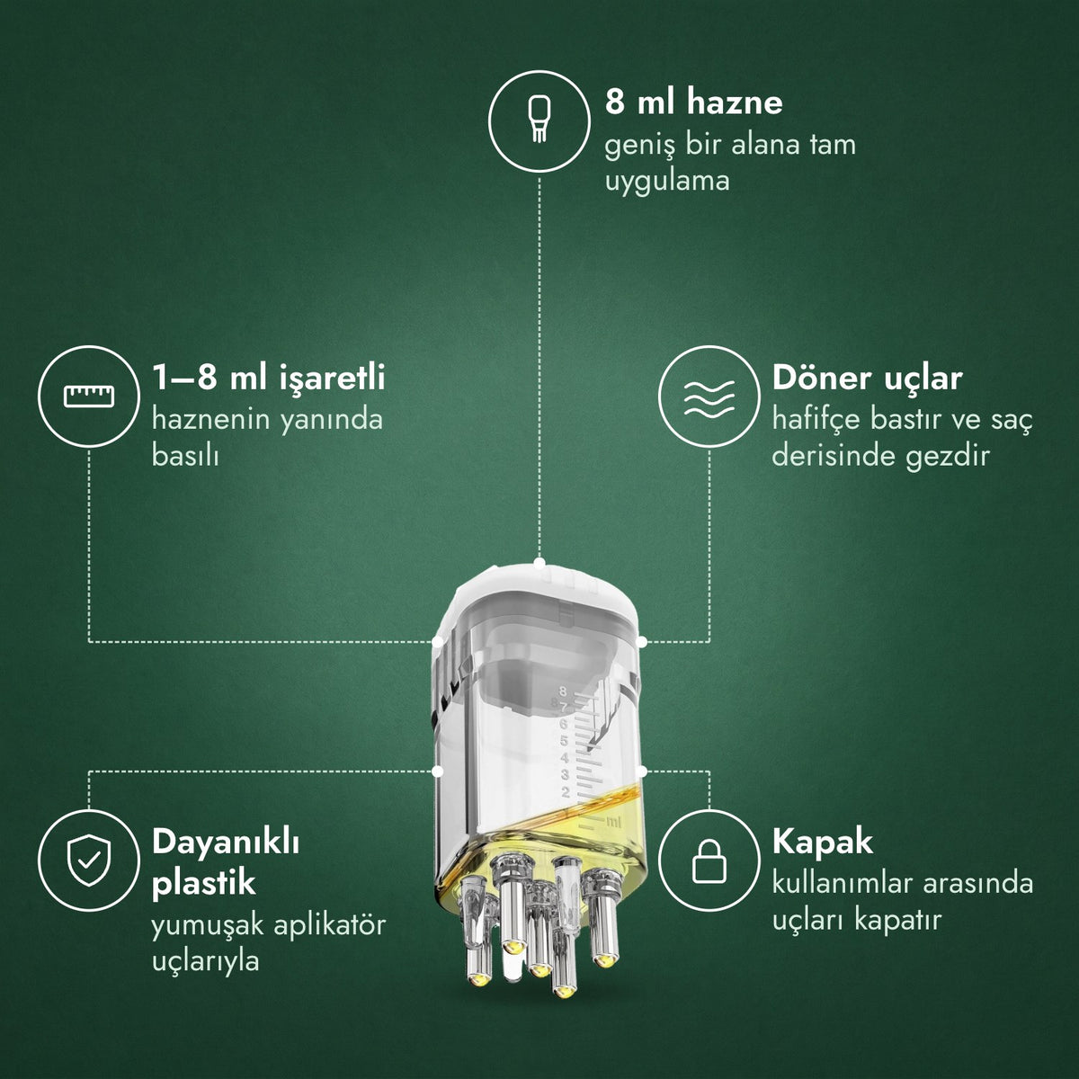 Minoksidil losyonu aplikatörü, Premium 8 ml: 8 ml hazne, 1–8 ml işaretli, Döner uçlar, Dayanıklı plastik, Kapak