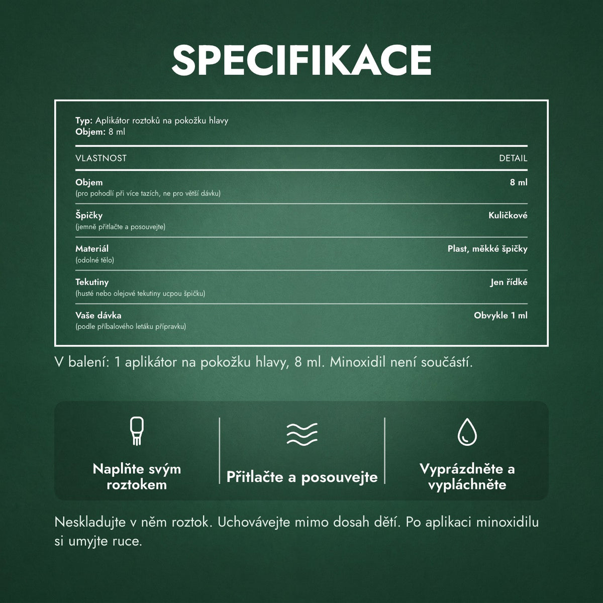 Specifikace: Aplikátor na minoxidilový roztok, Prémiový 8 ml