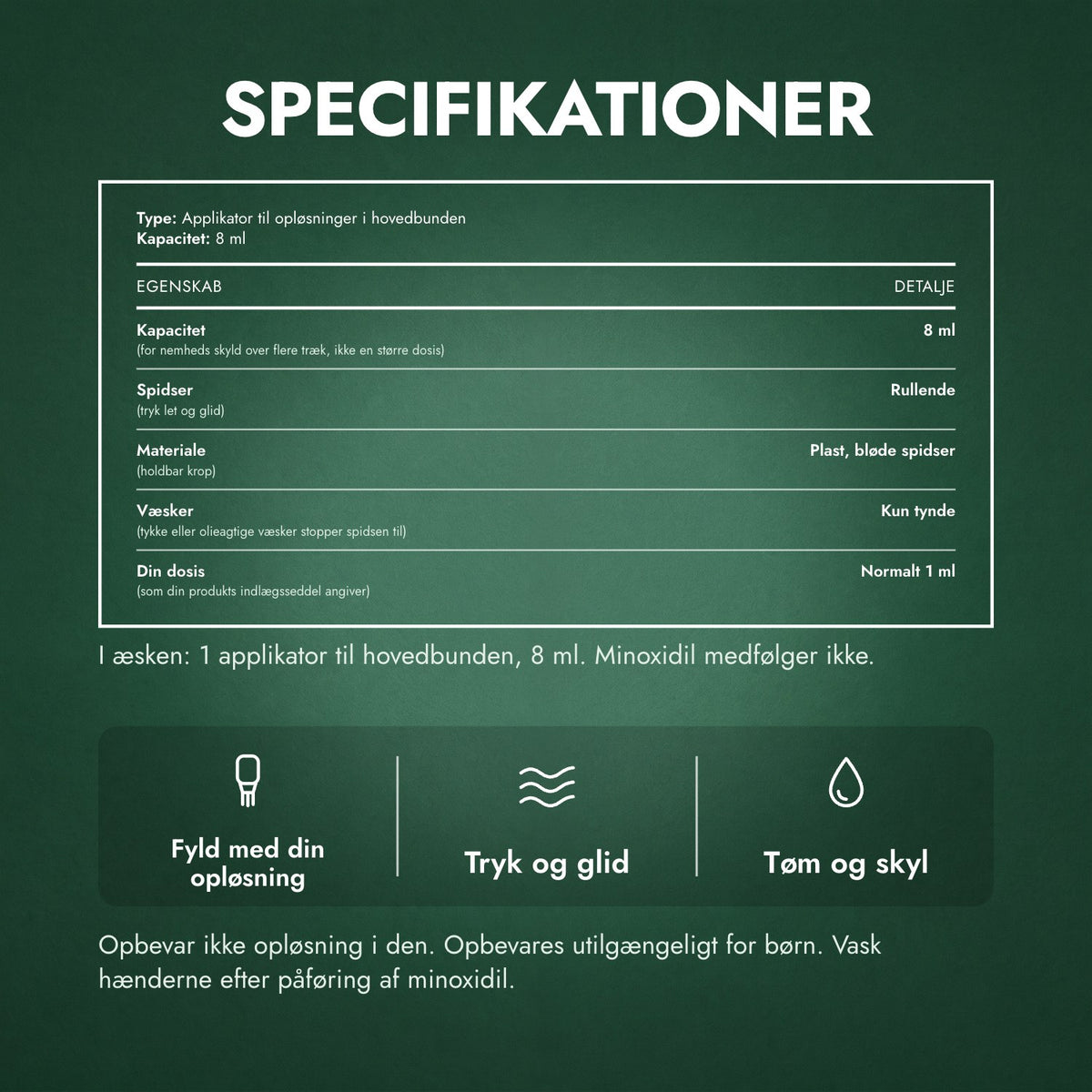 Specifikationer: Applikator til minoxidilopløsning, Premium 8 ml