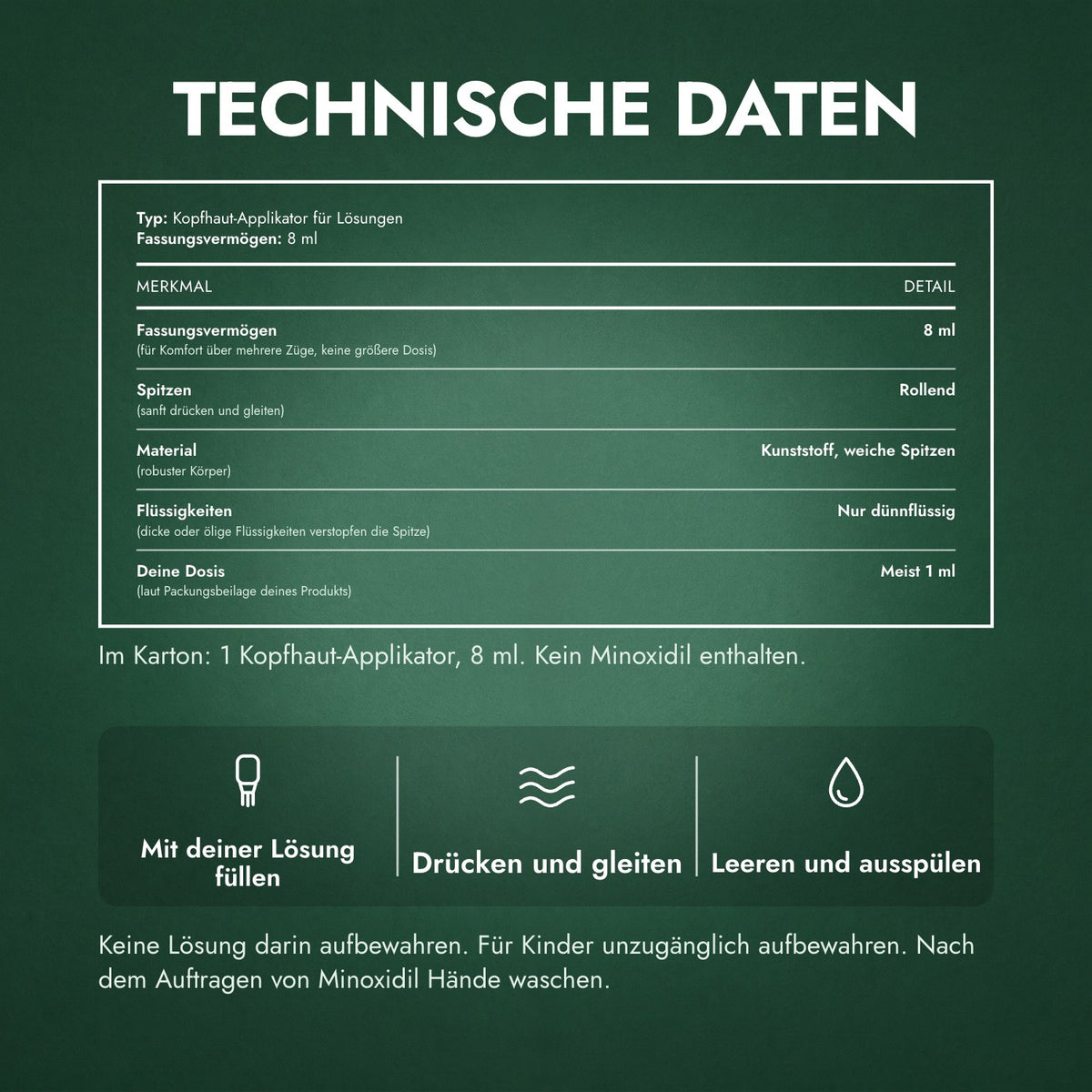 Technische Daten: Applikator für Minoxidil-Lösung, Premium 8 ml