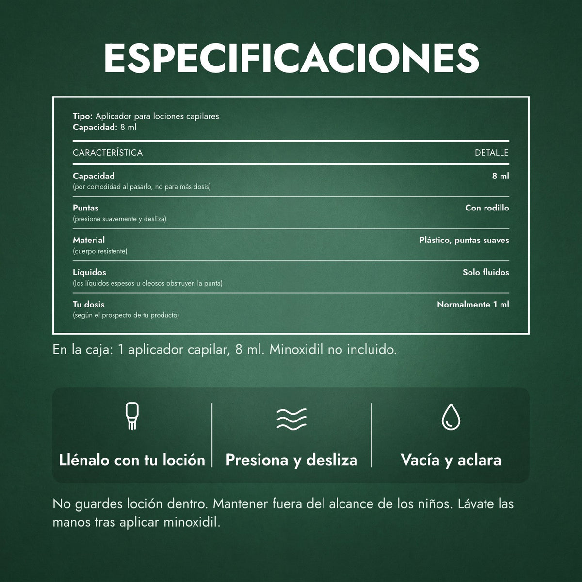 Especificaciones: Aplicador para loción de minoxidil, Premium 8 ml