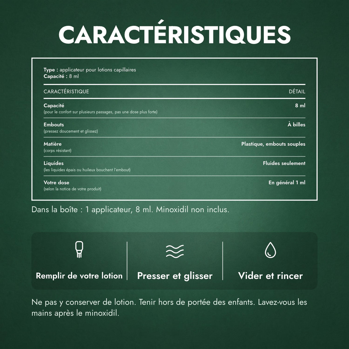 Caractéristiques: Applicateur pour lotion minoxidil, Premium 8 ml