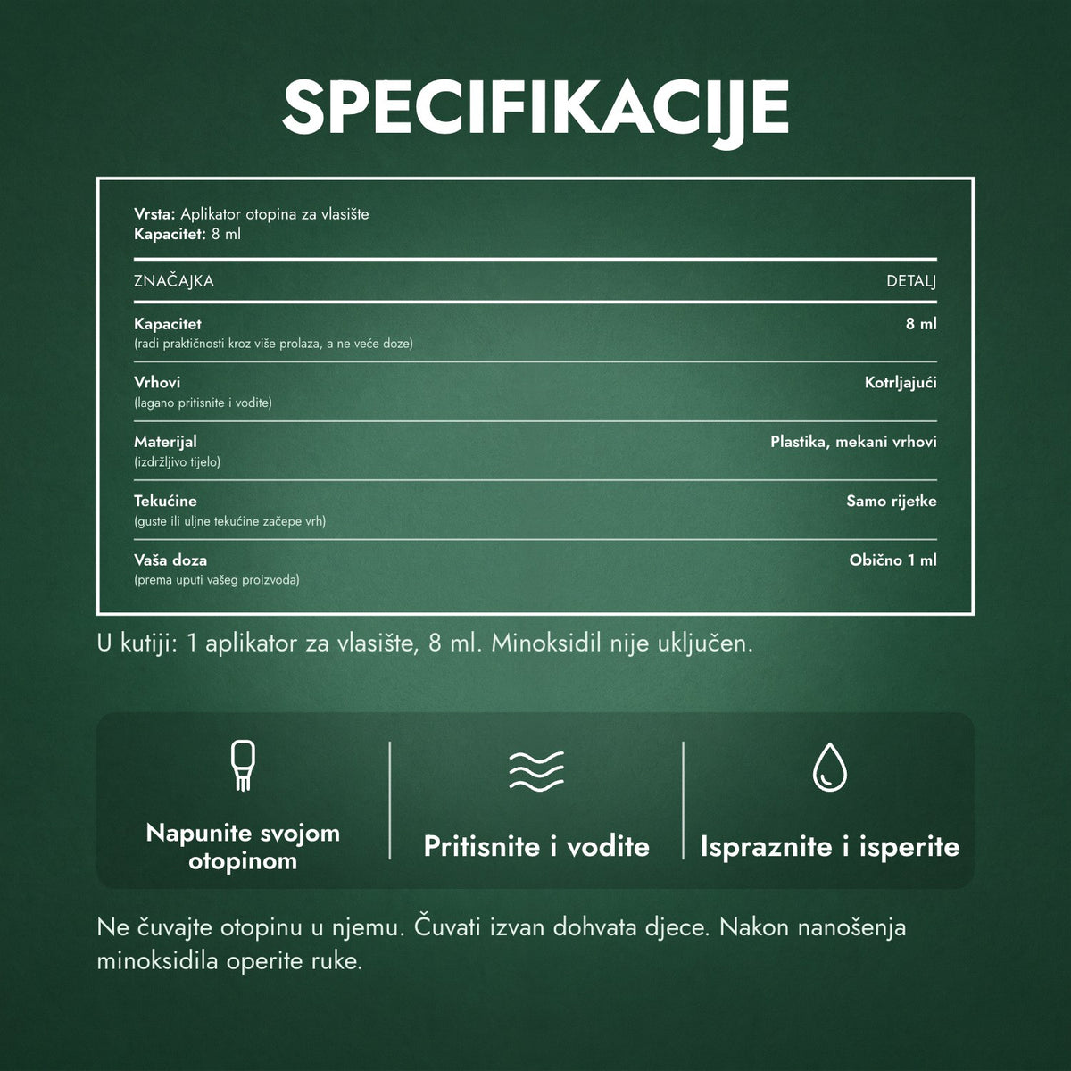 Specifikacije: Aplikator za otopinu minoksidila, Premium 8 ml