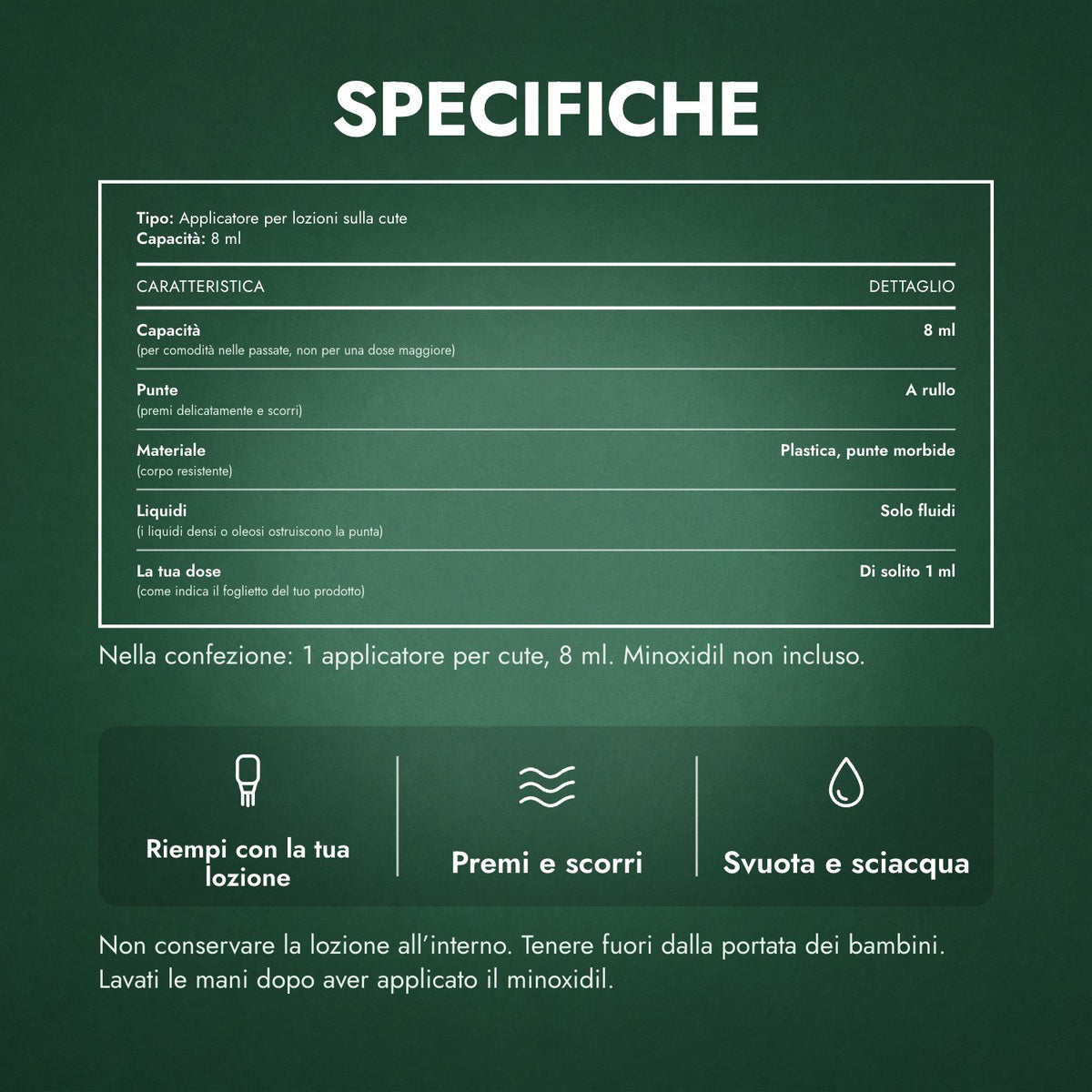 Specifiche: Applicatore per lozione minoxidil, Premium 8 ml