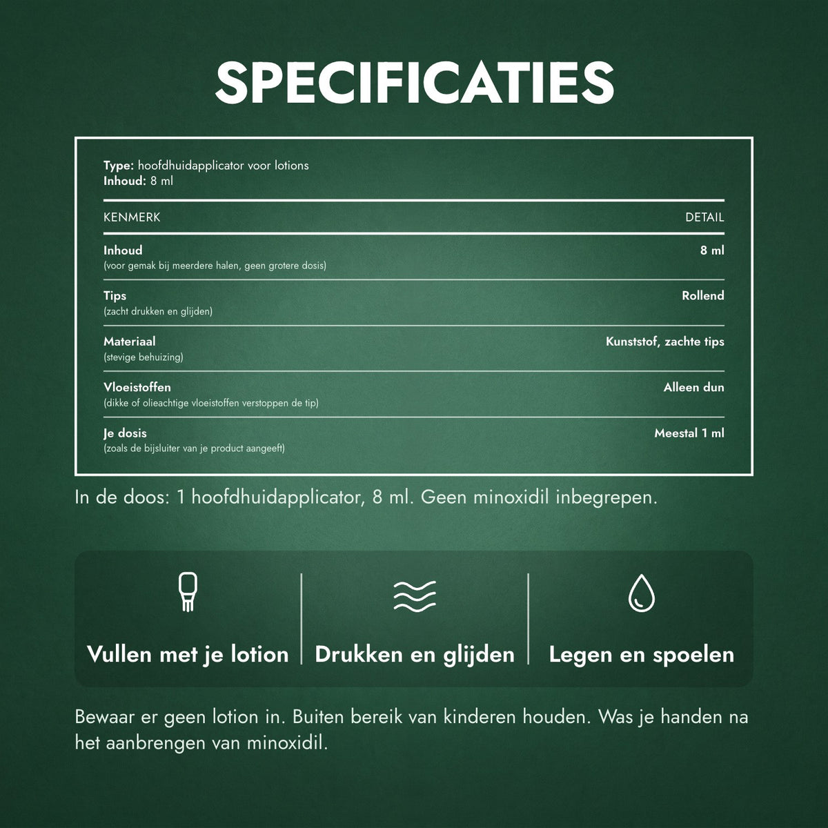 Specificaties: Applicator voor minoxidil-lotion, Premium 8 ml